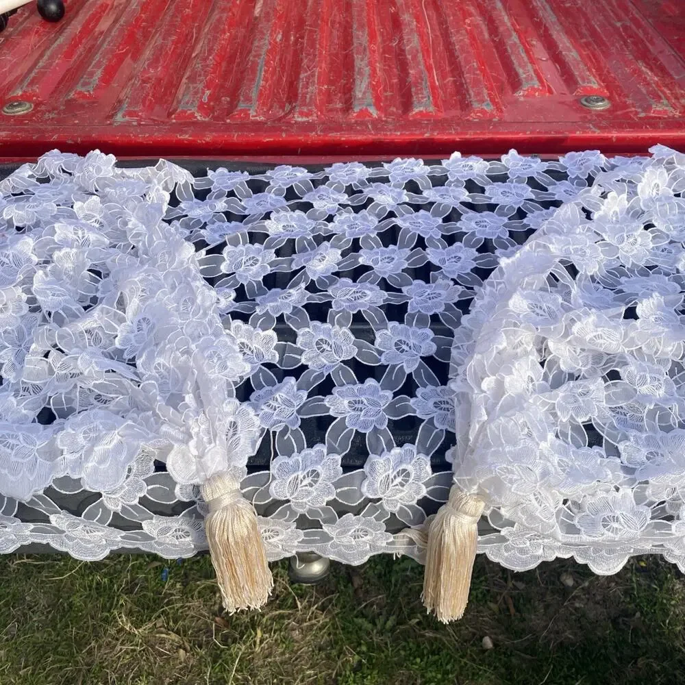 Elegant White Floral Lace Table Runner With Beige Tassels On Either End 80”x24”